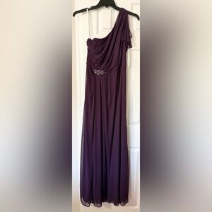David’s Bridal one shoulder bridesmaids dress, eggplant color.